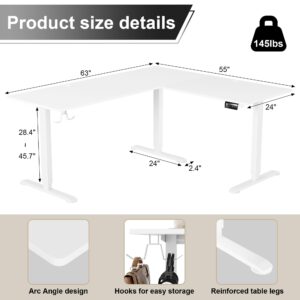 Shahoo L-Shaped Corner Standing Desk, Electric Height Adjustable Table, Home Office Workstation, 63 x 55 Inch, White