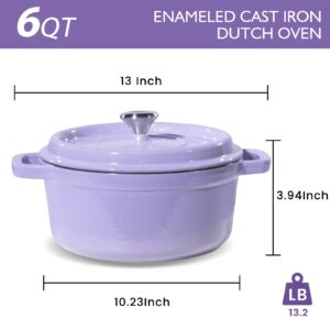 ROYDX Dutch Oven Pot with Lid, Enameled Cast Iron Coated Dutch Oven,Casserole Dish, Braiser Pan with Dual Handles for Bread Baking, Cooking, Oven Safe,All Stovetop (6 Quart, Purple)