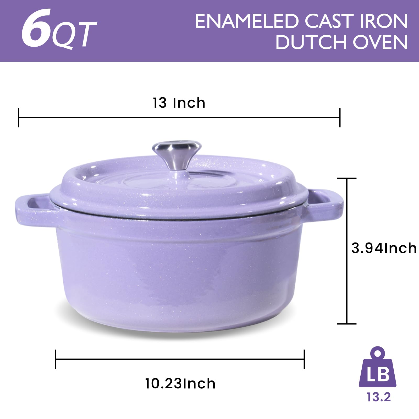 ROYDX Dutch Oven Pot with Lid, Enameled Cast Iron Coated Dutch Oven,Casserole Dish, Braiser Pan with Dual Handles for Bread Baking, Cooking, Oven Safe,All Stovetop (6 Quart, Purple)