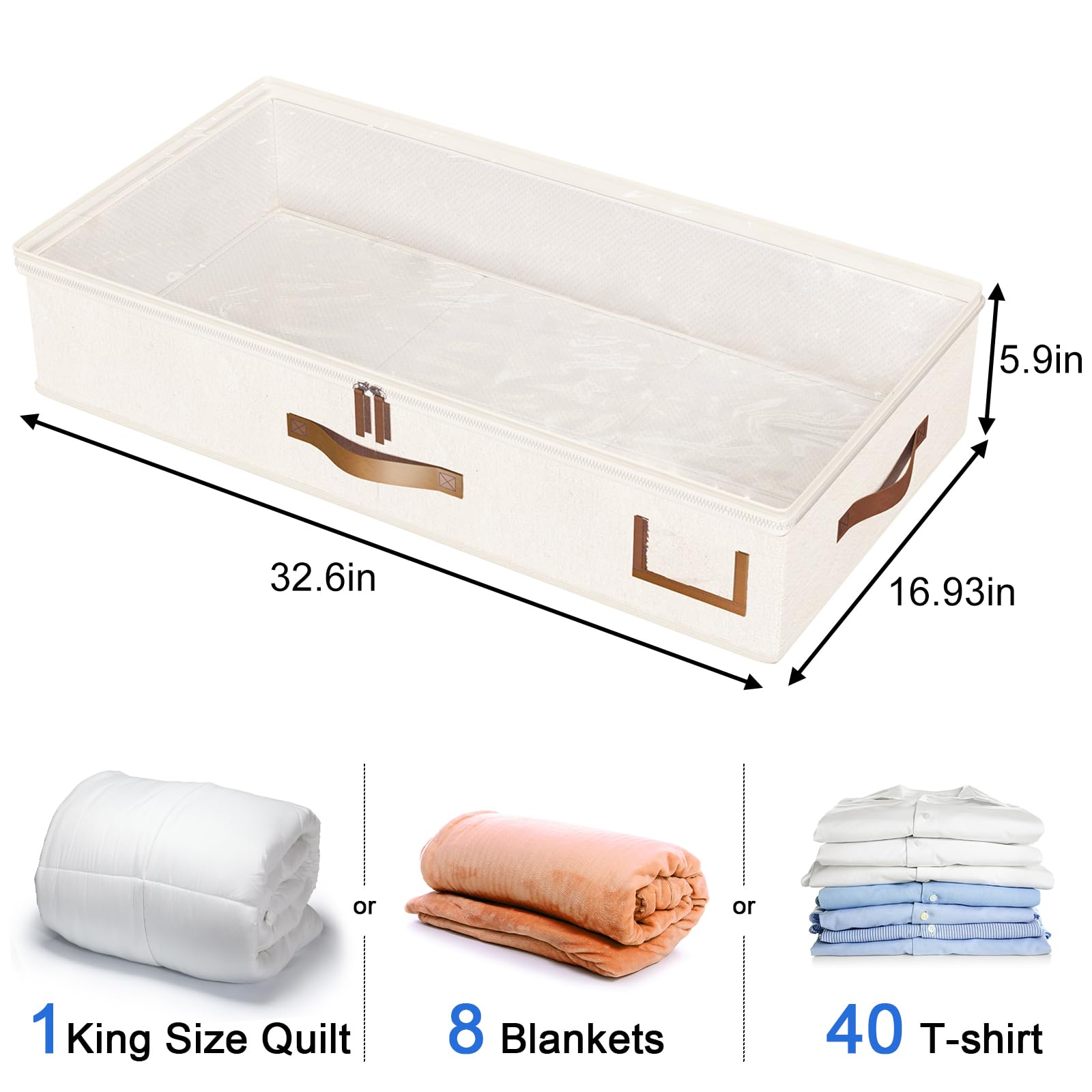 Fixwal Under-Bed Storage Box 3 Pack Blanket Storage 52L Under Bed Clothes Organizer with Sturdy Structure and Ultra Thick Fabric for Under Bed Organizer Ivory White