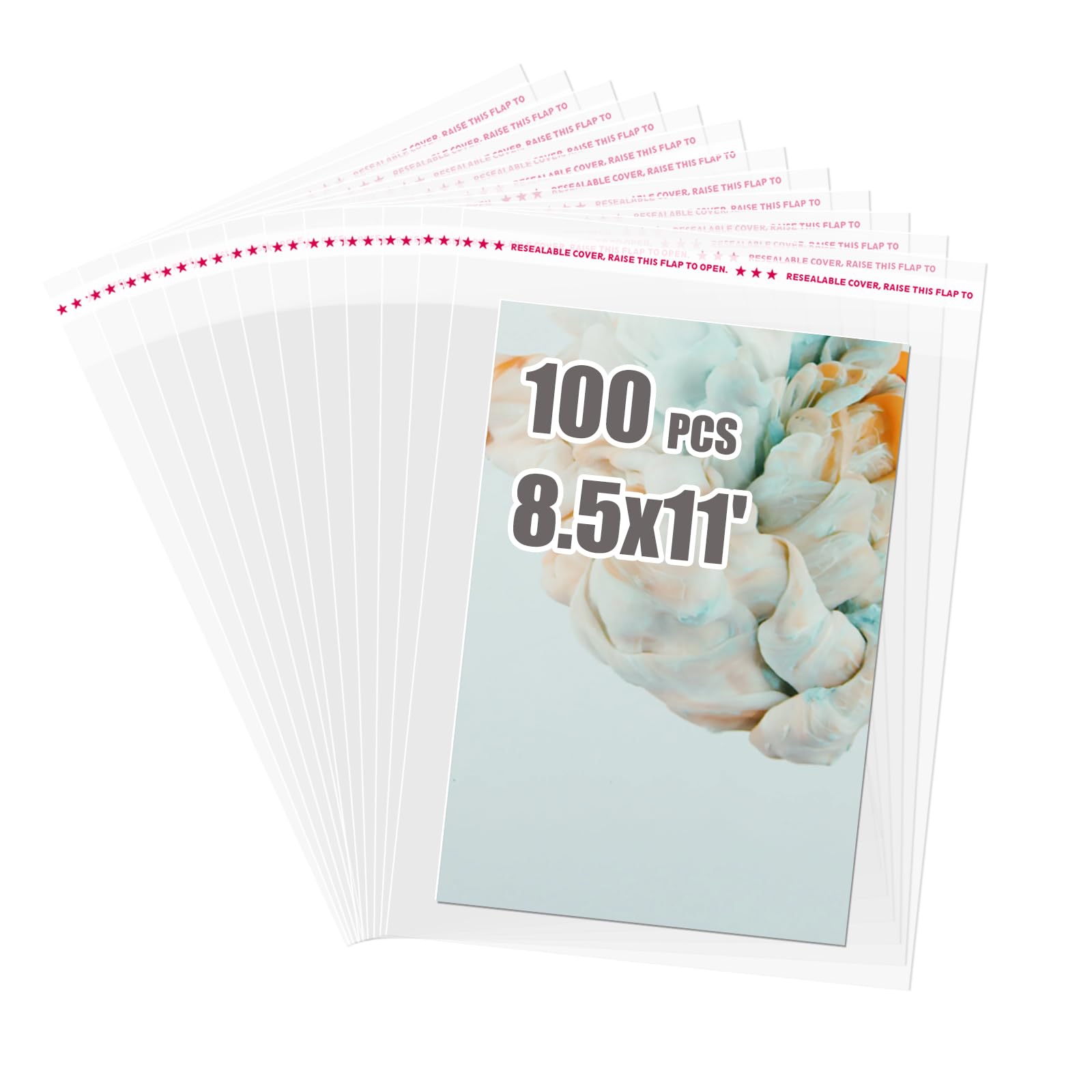 Egofine Self Sealing Cellophane Bags 100 PCS Clear Resealable Sleeves Bags for 8.5x11 Photo Mats (Bag Size:8.67x11.02 inches for 8.5x11 Mats)