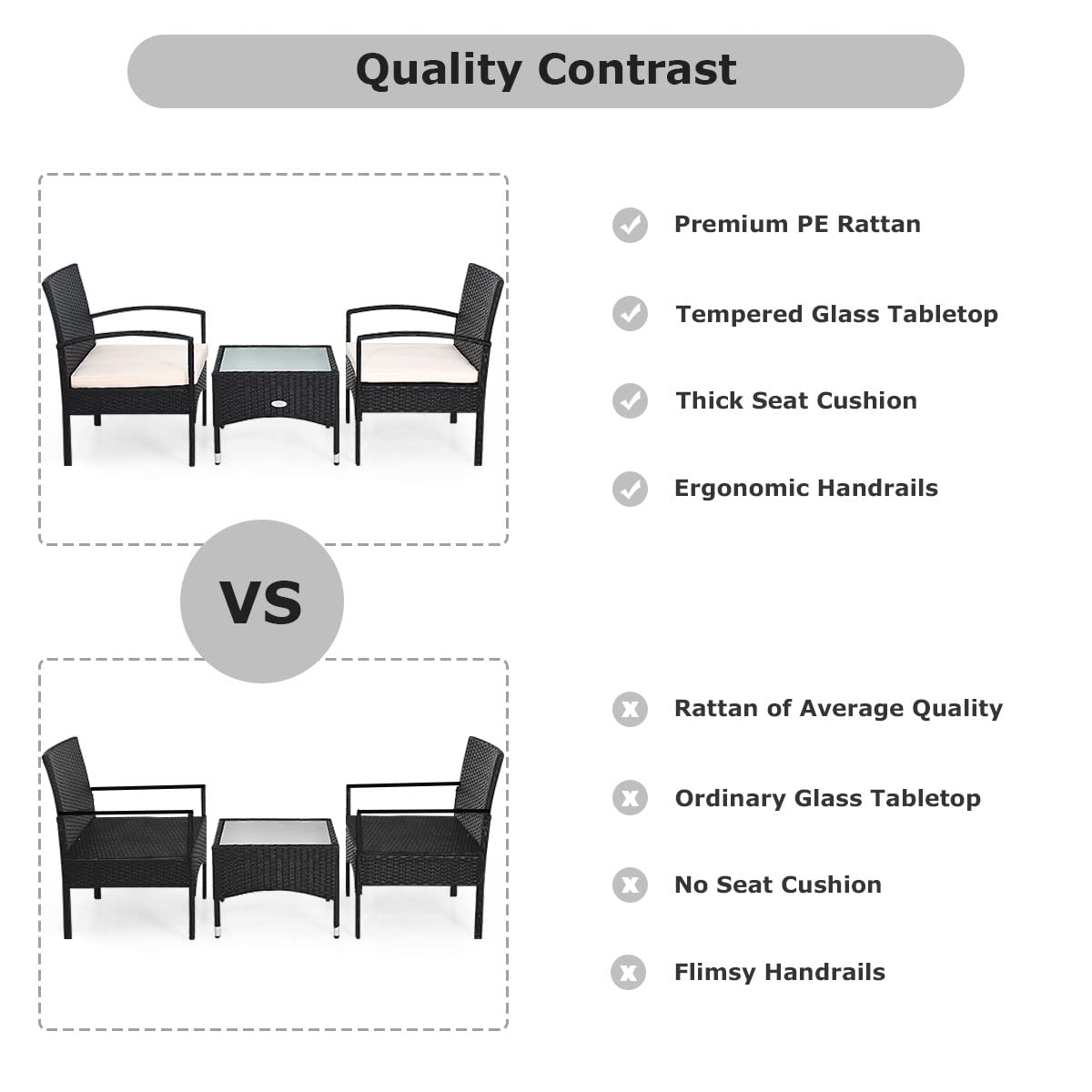 COSTWAY 3 PCS Patio Wicker Conversation Set, PE Rattan Sofa with Tempered Glass Coffee Table, 2 Chairs, 2 Cushions, Outdoor Patio Furniture Set for Yard Porch Bistro Balcony Backyard Pool, White