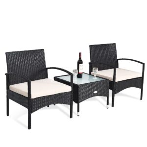 costway 3 pcs patio wicker conversation set, pe rattan sofa with tempered glass coffee table, 2 chairs, 2 cushions, outdoor patio furniture set for yard porch bistro balcony backyard pool, white