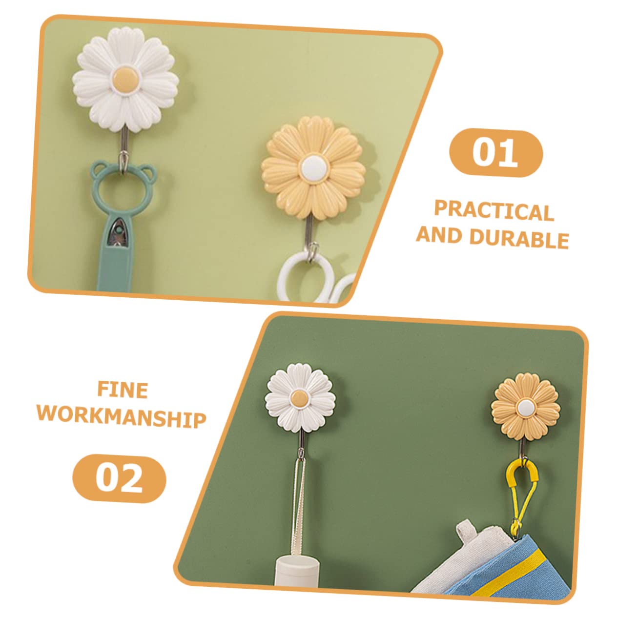 OKUMEYR 4Pcs Strongly Adhesive Decorative Daisy Wall Hooks Punch Clothes Hat and Towel Hanger Cute Adhesive Hooks for Home Decor and Organization