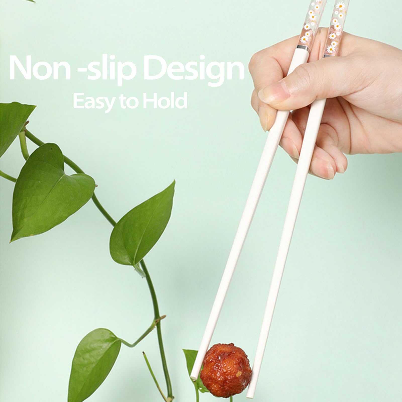 5 Pairs Chopsticks-Reusable Chopsticks Dishwasher Safe, 9.6 inch/24.3cm Matte Non-Slip Fiberglass Chop Sticks, Chinese/Japanese Korean Chop Stick Gift, Daisy Green