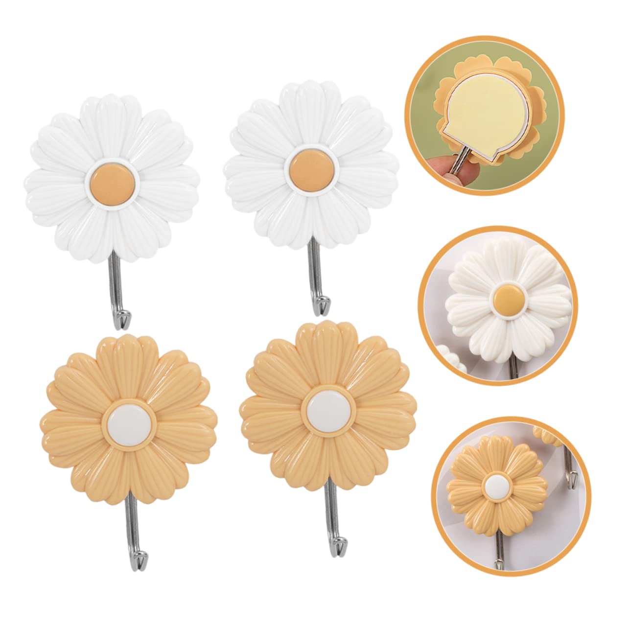 OKUMEYR 4Pcs Strongly Adhesive Decorative Daisy Wall Hooks Punch Clothes Hat and Towel Hanger Cute Adhesive Hooks for Home Decor and Organization