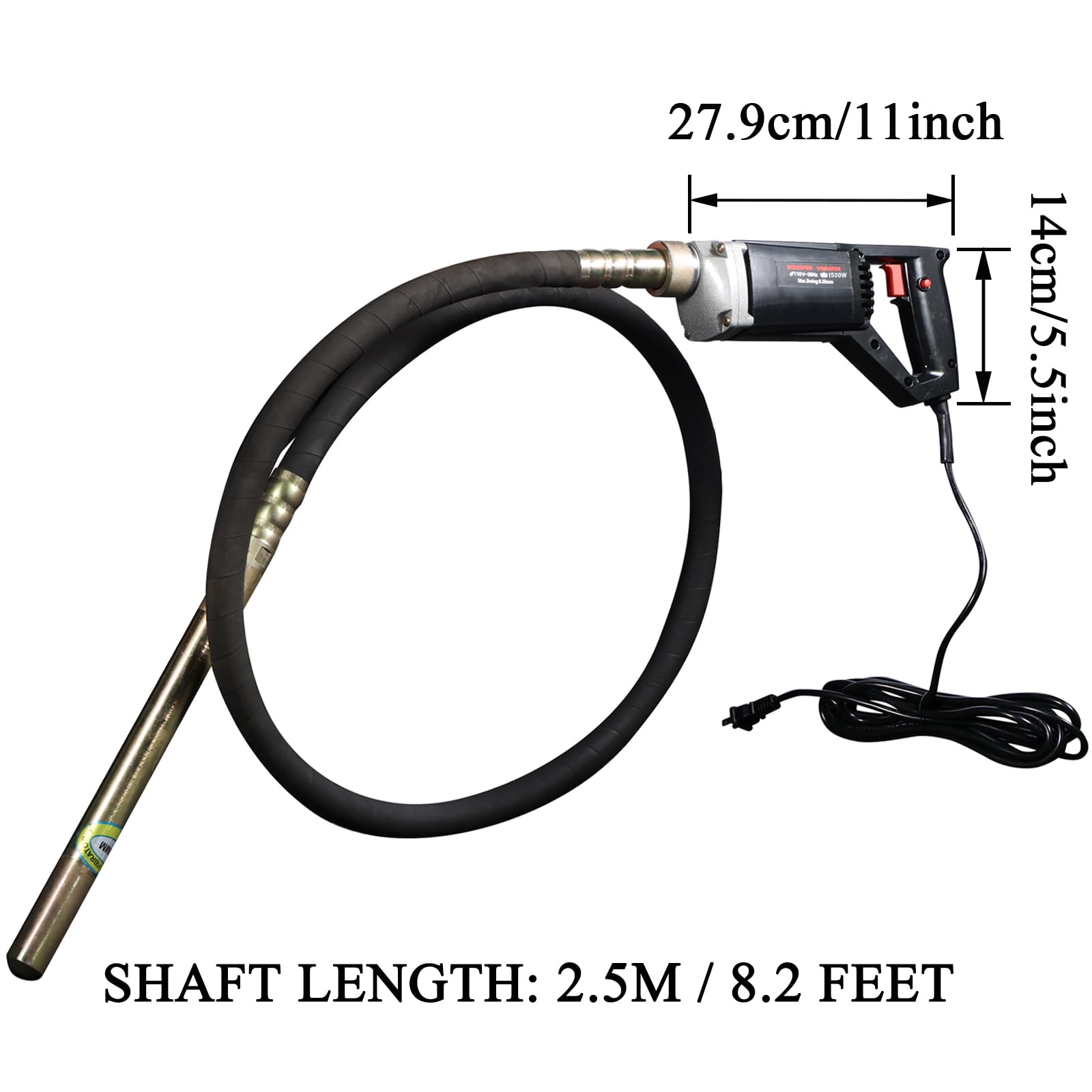 BIZOEPRO Hand Held Power Concrete Vibrator 1500W 13000rpm With 2.5M(8-1/5feet) Shaft Rod Electric Concrete Vibrabrater Portable Construction Pencil Vibrator