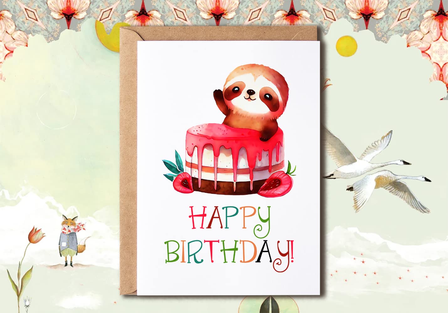 NTVShop Sloth Happy Birthday Card - Sloth Birthday Card - Birthday Card - Sloth Lover Gift - Sloth Cake Card - Cute Birthday Card