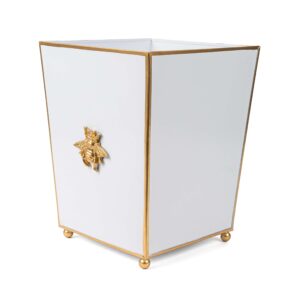 Jaye's Studio Regency Line, Square Wastebasket & Garbage Bin, Gold Trim & Finish, Round Gold Feet, Hand-Painted, Metal, Trash Bin for Bedroom, Office, Bathroom, 9" x 9 x 12 (White, Gold Bee)