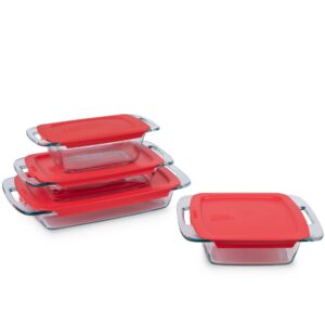 pyrex easy grab 4-pack glass baking dish set (1.5qt, 2qt, 3qt, 8"x8") with bpa-free lids, rectangular bakeware set, dishwasher, microwave, freezer & pre-heated oven safe