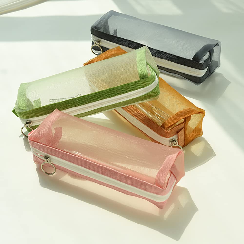 UUYYEO 2 Pcs Mesh Pencil Cases See Through Pencil Bags Small Round Pencil Pouches Travel Pen Bags Stationary Organizer Cases Green and Orange