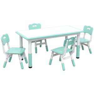 qaba kids table and chair set, 5 piece toddler table and chair set with 4 chairs adjustable height, for snack time, homeschooling aged 1.5-5 years old, green