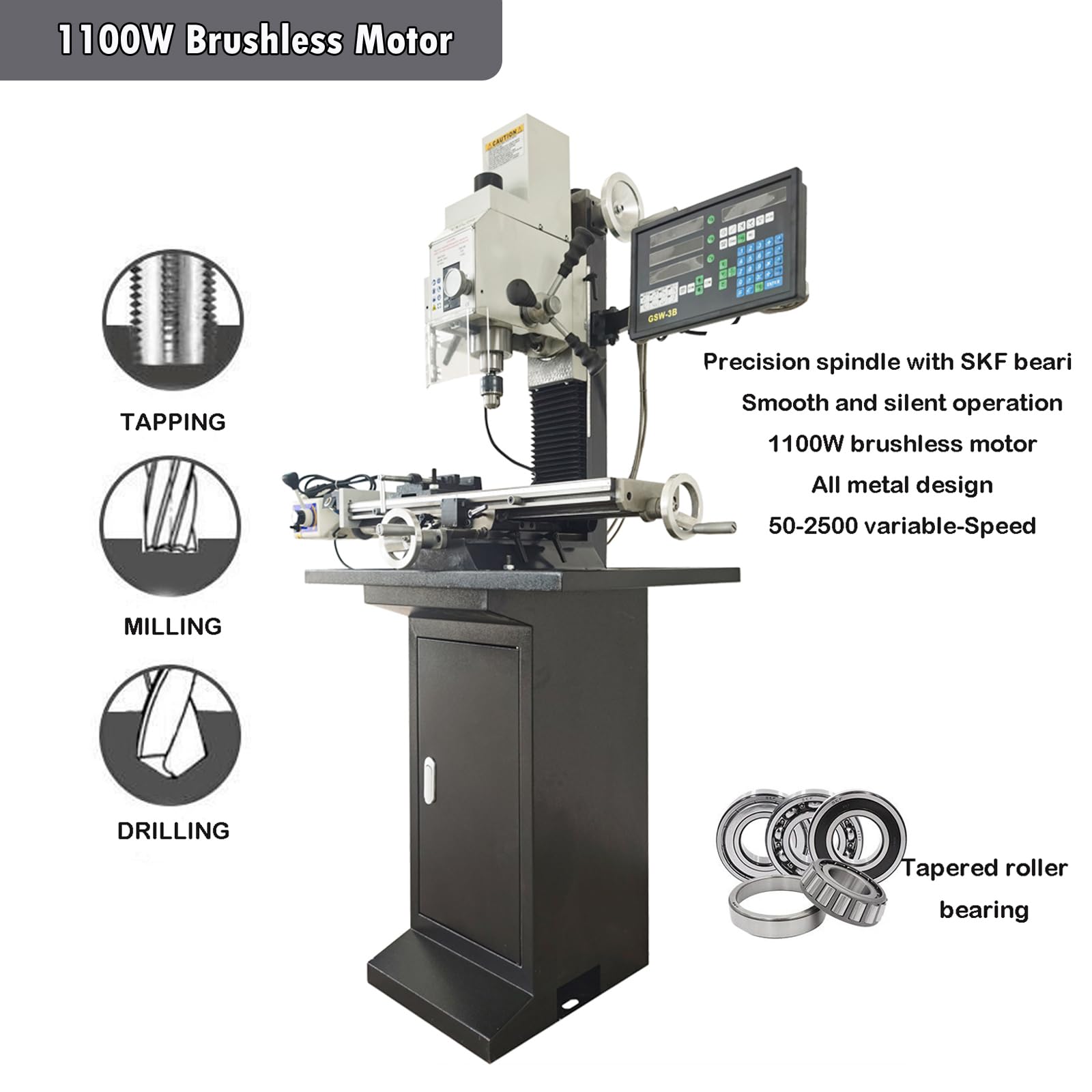 INTSUPERMAI Vertical Milling Drilling Machine7"X27" Mini Mill Drill Machine R8 Spindle Taper Set with Axis X Power Feed and Three - axis Grating Ruler 20-2250rpm Variable Speed 110V