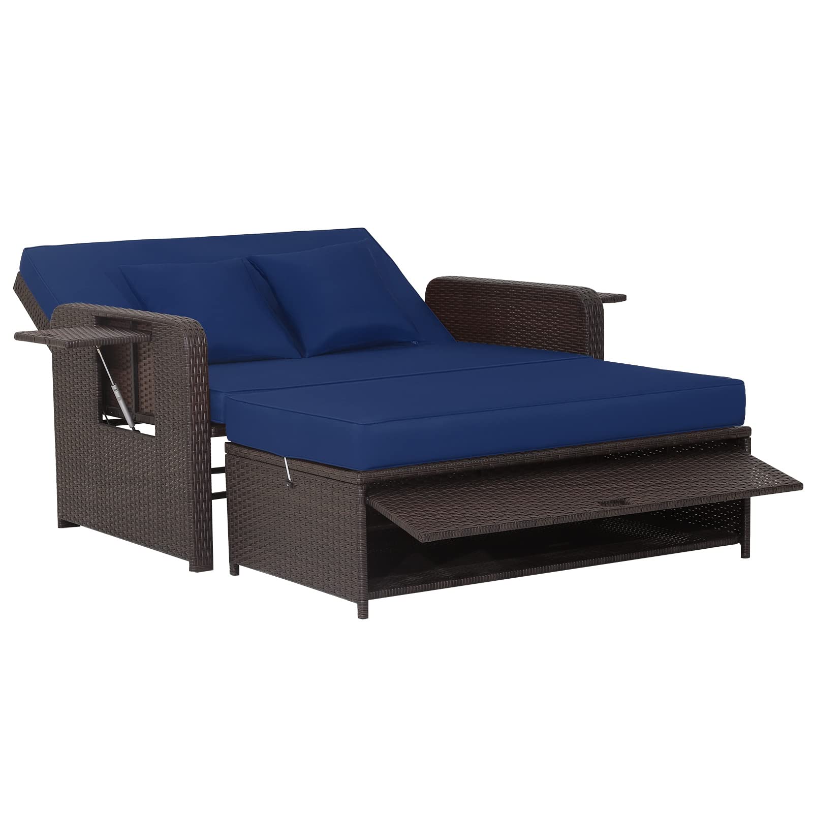 COSTWAY Patio Rattan Daybed with Cushions, Outdoor Wicker Loveseat Sofa with Storage Ottoman, 4-Level Adjustable Backrest, Bed Lounger for Yard, Balcony, Porch, Garden, Pool, Navy