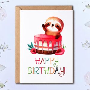 NTVShop Sloth Happy Birthday Card - Sloth Birthday Card - Birthday Card - Sloth Lover Gift - Sloth Cake Card - Cute Birthday Card