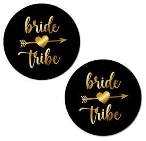 bride tribe round 2 inch big glossy stickers, bachelorette black and gold labels, great for bridal shower party favors, decorations, tags, gift bags and supplies. made in usa