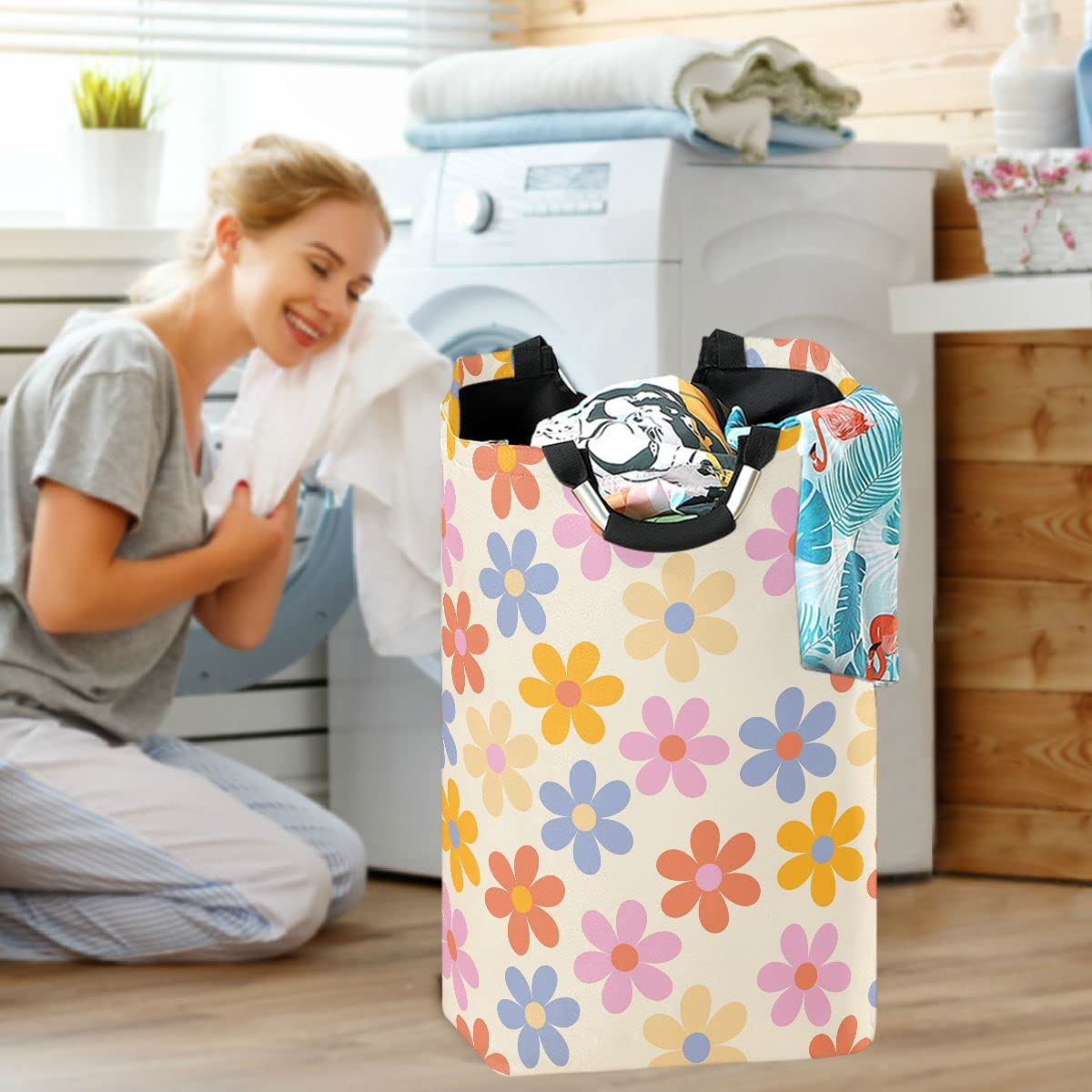 Aslsiy Floral 70s Laundry Basket Groovy Daisy Flowers Laundry Hamper with Handles Waterproof Clothes Bucket Washing Bin Dirty Baskets Toy Storage for Home College Dorm Bathroom 50L