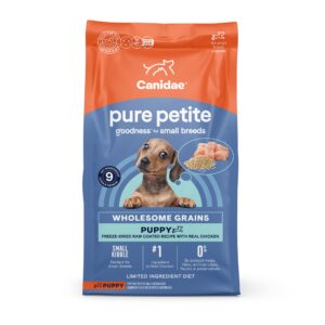 canidae pure petite premium freeze-dried raw coated dry puppy food for small breed, limited ingredient diet, chicken recipe with wholesome grains, 4 lb bag