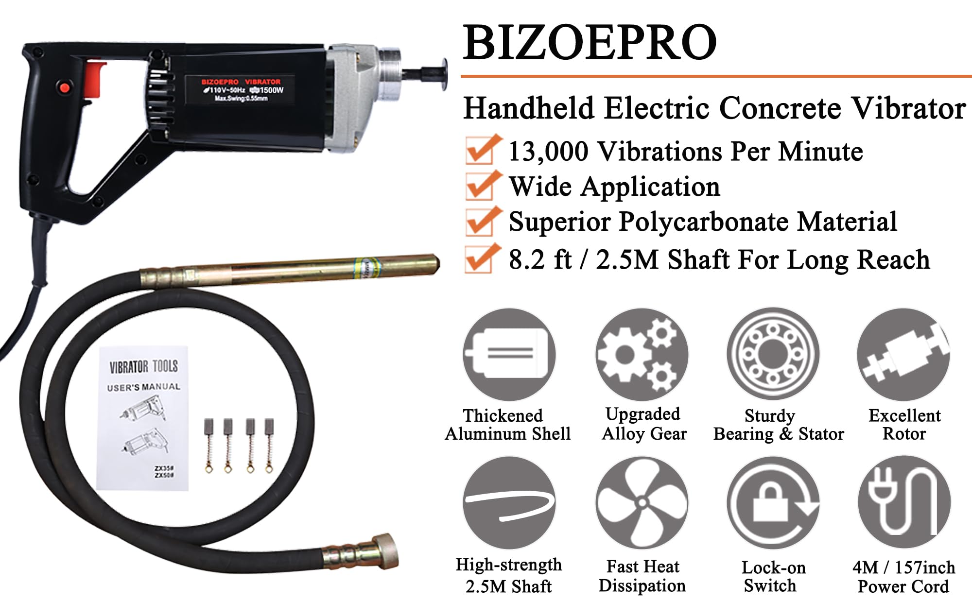 BIZOEPRO Hand Held Power Concrete Vibrator 1500W 13000rpm With 2.5M(8-1/5feet) Shaft Rod Electric Concrete Vibrabrater Portable Construction Pencil Vibrator