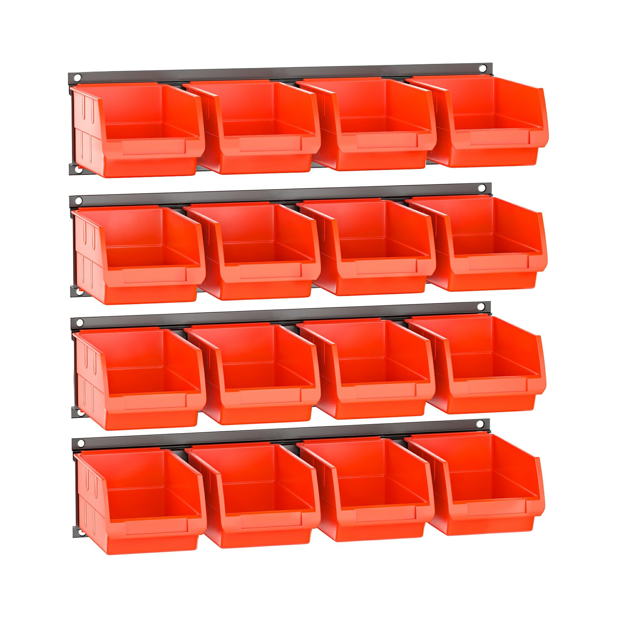 TNINE 16-Pack Plastic Wall-Mounted Stackable Storage Bins with 4 Steel Rails - Tool Organizer for Garage or Workshop