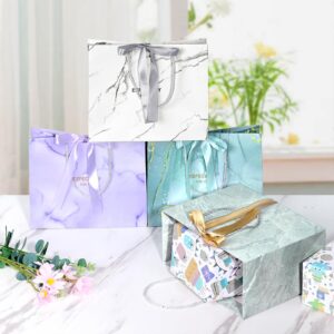 JMANNI Gift Bags, 4PCS Gift Bags Medium Size with Bow Ribbon, Portable Paper Gift Bag with Handles, Birthday Gift Bags, Marble Pattern Present Bags for Christmas Wedding Party Mothers Day（Marble Style）