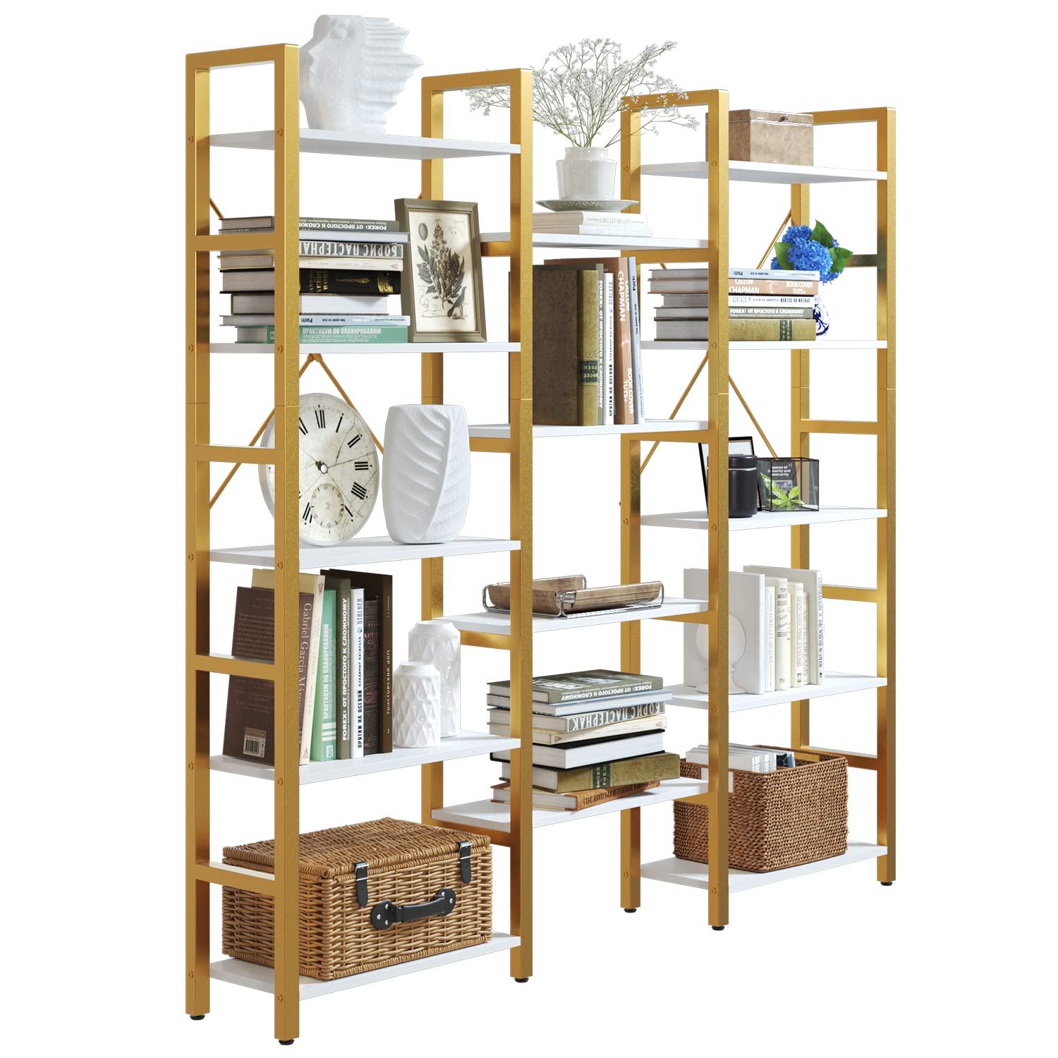 oneinmil Industrial Bookshelves 5 Tiers Corner Bookcases,Large Book Shelf with Metal Frame Open Storage Corner Cabinet for Living Room Home Office,Golden