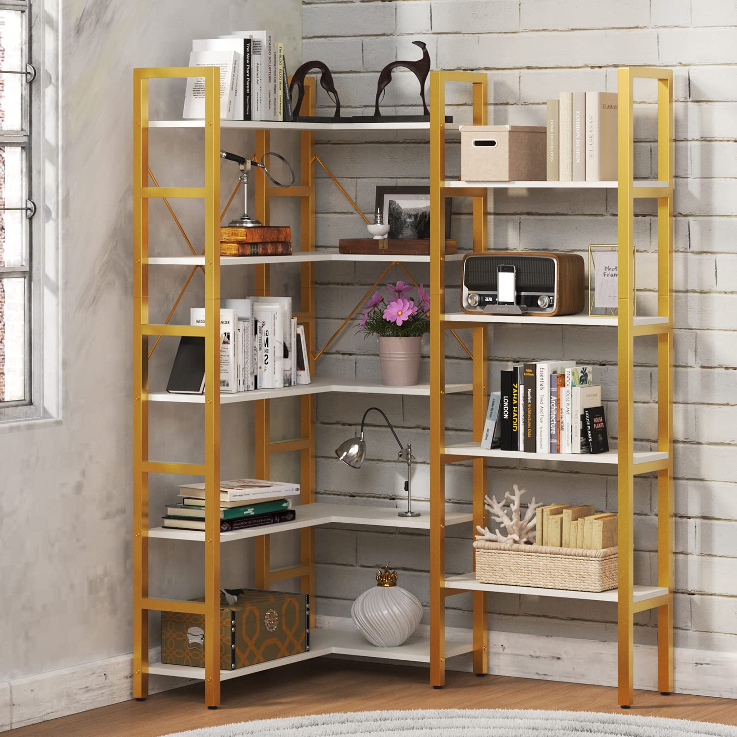 oneinmil Industrial Bookshelves 5 Tiers Corner Bookcases,Large Book Shelf with Metal Frame Open Storage Corner Cabinet for Living Room Home Office,Golden