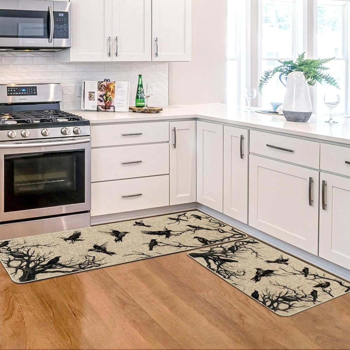 Artoid Mode Crows Tree Branches Halloween Kitchen Mats Set of 2, Home Decor Low-Profile Kitchen Rugs for Floor - 17x29 and 17x47 Inch