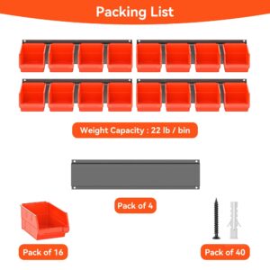 TNINE 16-Pack Plastic Wall-Mounted Stackable Storage Bins with 4 Steel Rails - Tool Organizer for Garage or Workshop