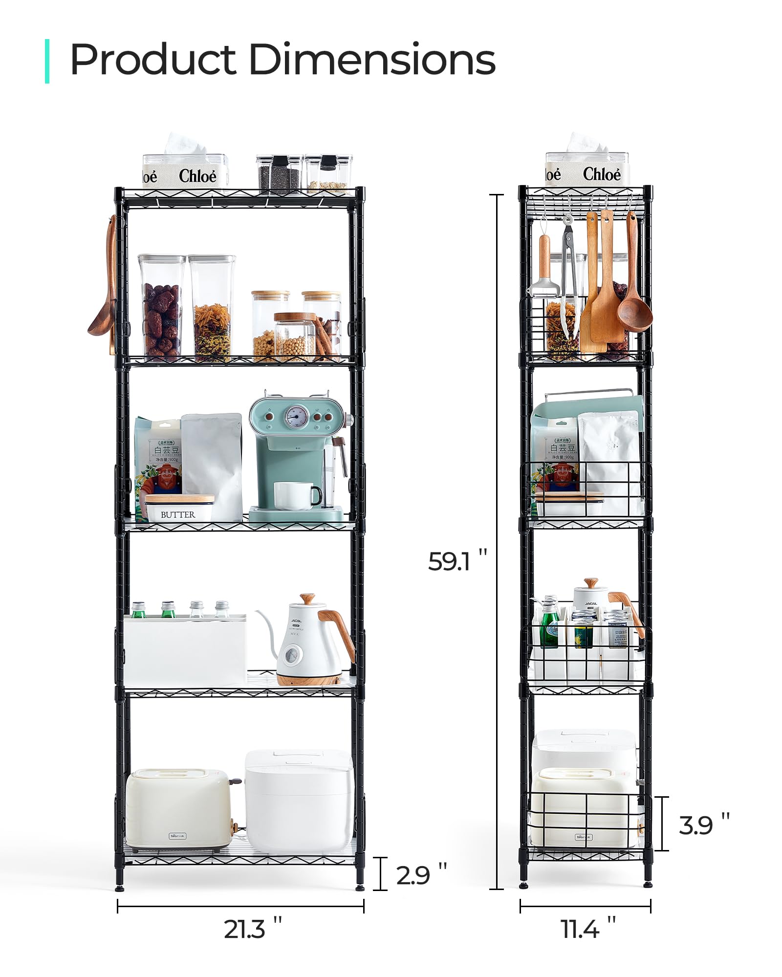 LINSY HOME Upgrade 5-Tier Storage Shelves, Height Adjustable Pantry Shelves with 5 Hooks & Shelf Liners, Metal Shelves for Storage, Storage Shelf Heavy Duty for Living Room, Kitchen, Bathroom