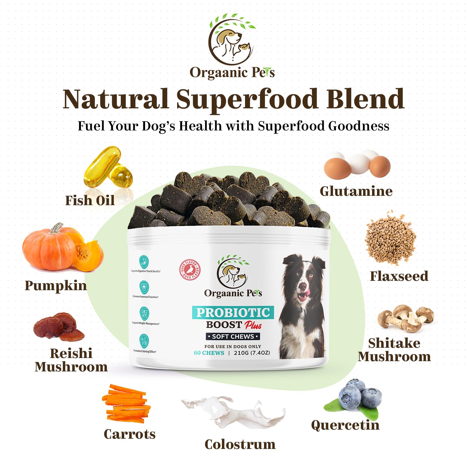 Ultimate Dog PROBIOTIC Chews - Boosts Gut Health and Eases Allergies with PROBIOTICS, POSTBIOTICS, PREBIOTICS (FOS) Inulin - Colostrum - Glutamine - Mushrooms -Pumpkin-QUERCETIN and a SUPERFOOD Blend