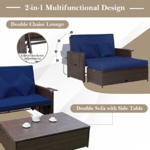 COSTWAY Patio Rattan Daybed with Cushions, Outdoor Wicker Loveseat Sofa with Storage Ottoman, 4-Level Adjustable Backrest, Bed Lounger for Yard, Balcony, Porch, Garden, Pool, Navy