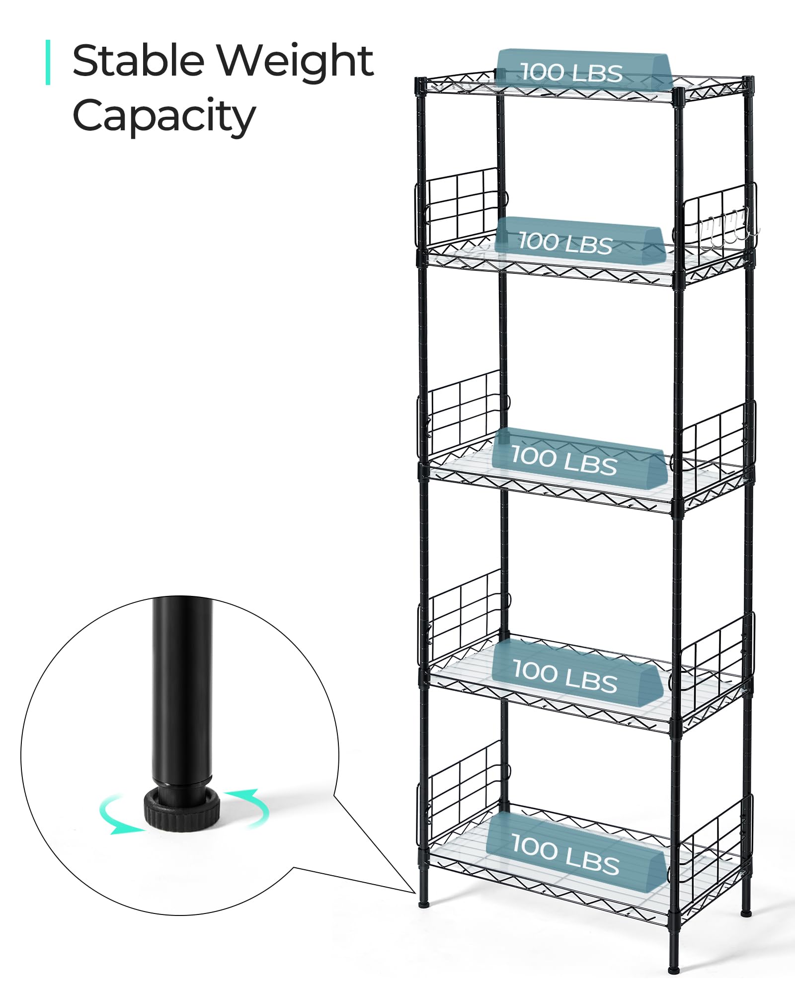 LINSY HOME Upgrade 5-Tier Storage Shelves, Height Adjustable Pantry Shelves with 5 Hooks & Shelf Liners, Metal Shelves for Storage, Storage Shelf Heavy Duty for Living Room, Kitchen, Bathroom