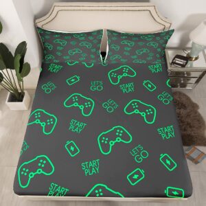 Gaming Sheet Set King Size Gamepad Bed Sheets Set for Boys Teens Bedroom Game Room Decor Sheets with Deep Pocket Fitted Sheet Women Men Fluorescent Green Joystick Bedding Set With 2 Pillow Case