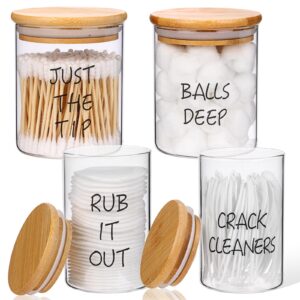 fixwal 4 pack qtip holder glass dispenser, apothecary jars with bamboo lids and labels for bathroom storage organizer (10&12oz)