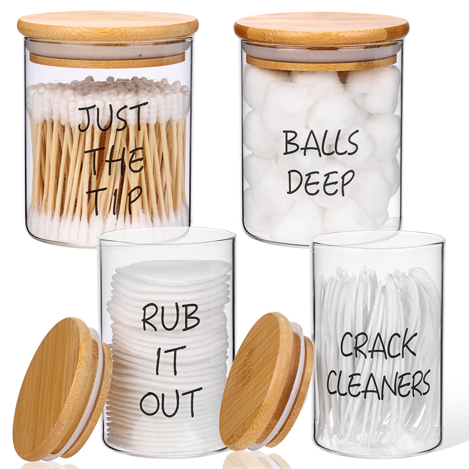 Fixwal 4 Pack Qtip Holder Glass Dispenser, Apothecary Jars with Bamboo Lids and Labels for Bathroom Storage Organizer (10&12oz)