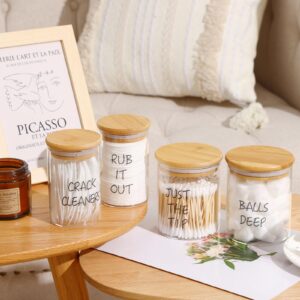 Fixwal 4 Pack Qtip Holder Glass Dispenser, Apothecary Jars with Bamboo Lids and Labels for Bathroom Storage Organizer (10&12oz)