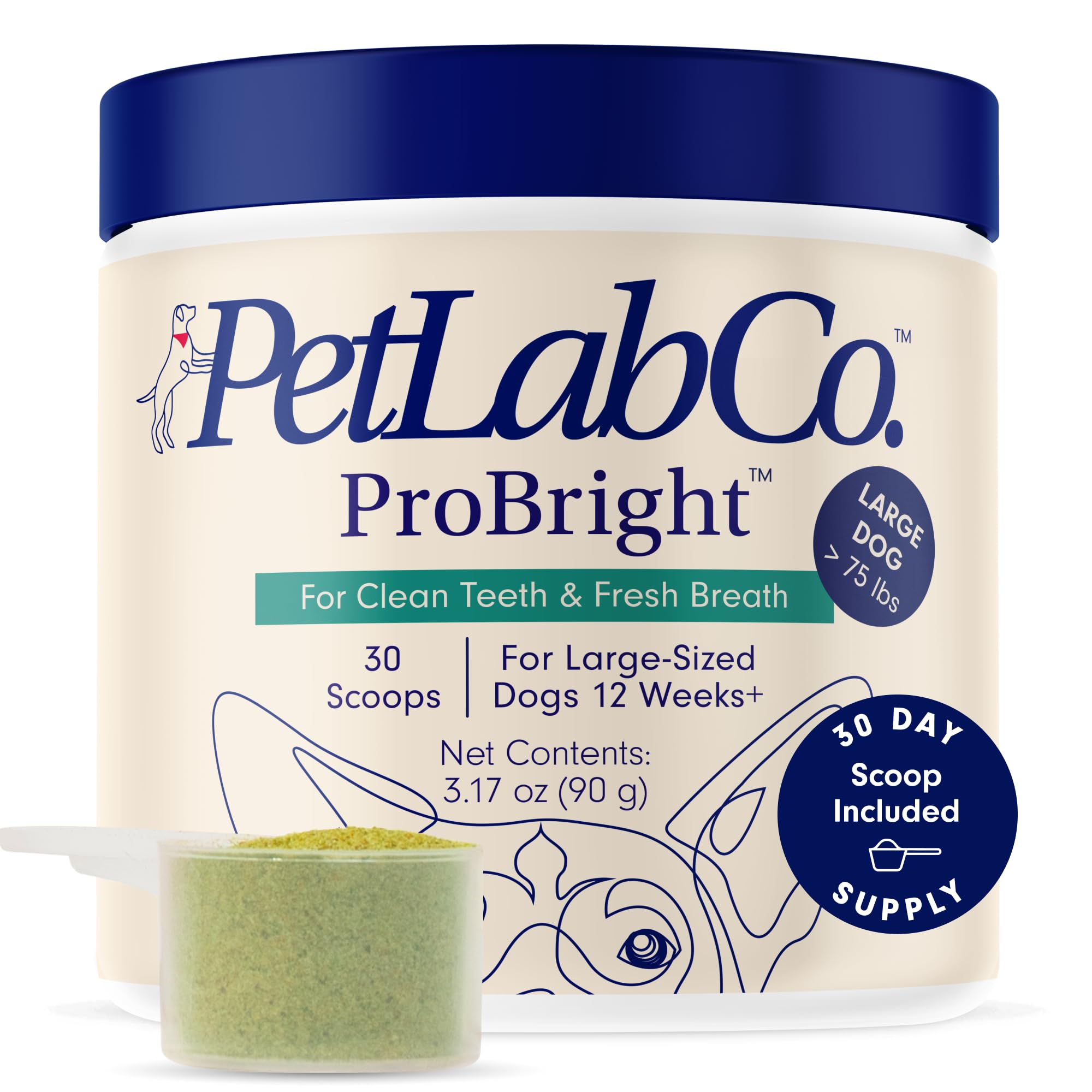 PetLab Co. ProBright Dental Powder - Dog Breath Freshener - Teeth Cleaning Made Easy – Targets Tartar & Bad Breath - Formulated for Large Dogs