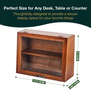 2-Tier Mini Display Cabinet - Wooden Storage Display Organizer with Dust Free Door - Bi-Level Rack & Wood Storage Box for Desk, Table Top or Counter Display - Small Organizing Cabinet for Desktop