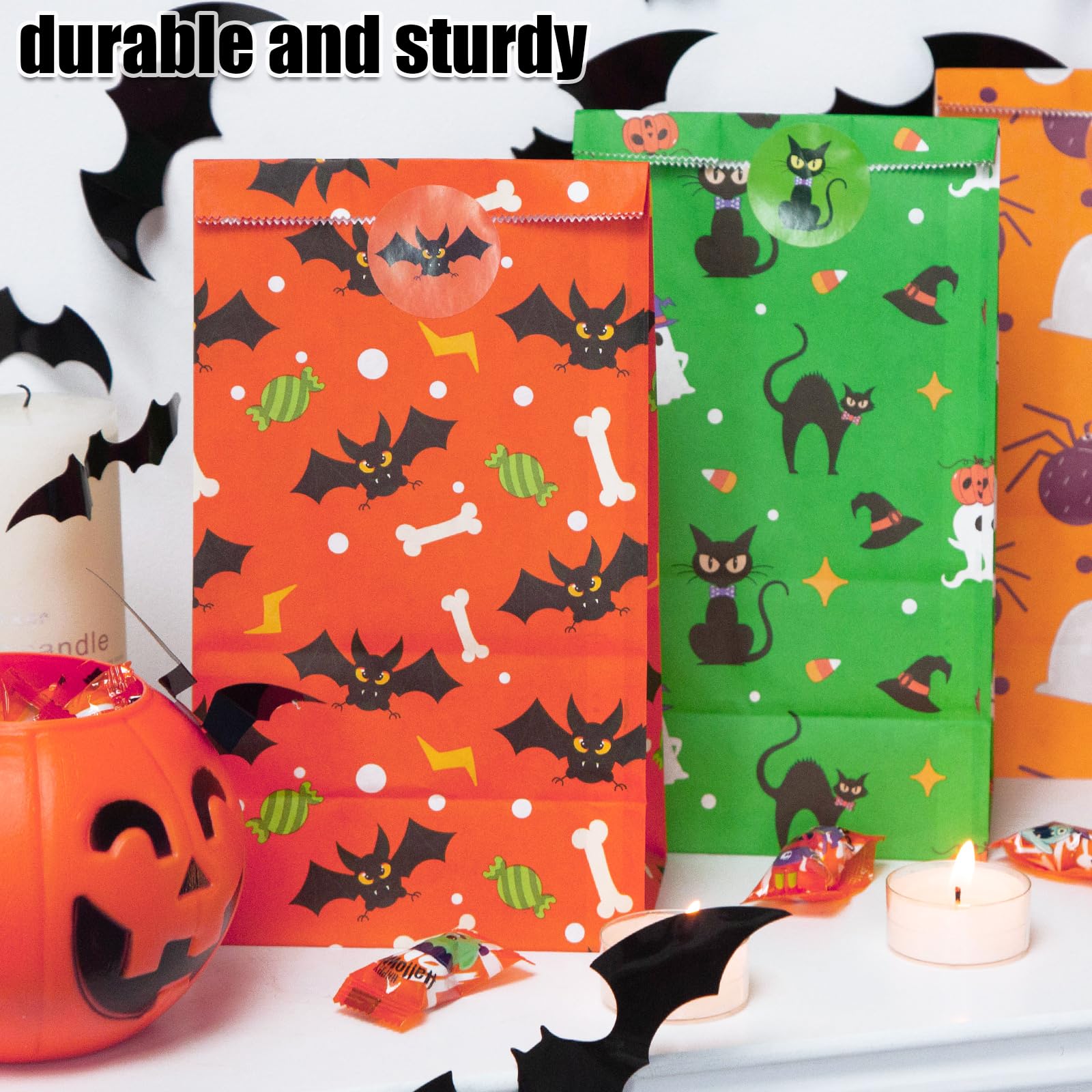 JOHOUSE 54PCS Halloween Candy Bags Bulk, Halloween Paper Treat Bags Small Gift Bags Favor Bags with Sealing Stickers for Trick or Treat Party Decor