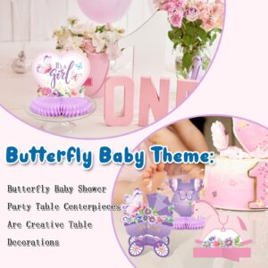 15 Pcs Butterfly Baby Shower Honeycomb Centerpieces It's a Girl Purple and Pink Butterfly Table Decor Floral Butterflies Table Topper Sign for Baby Girl Gender Reveal Birthday Party Decor