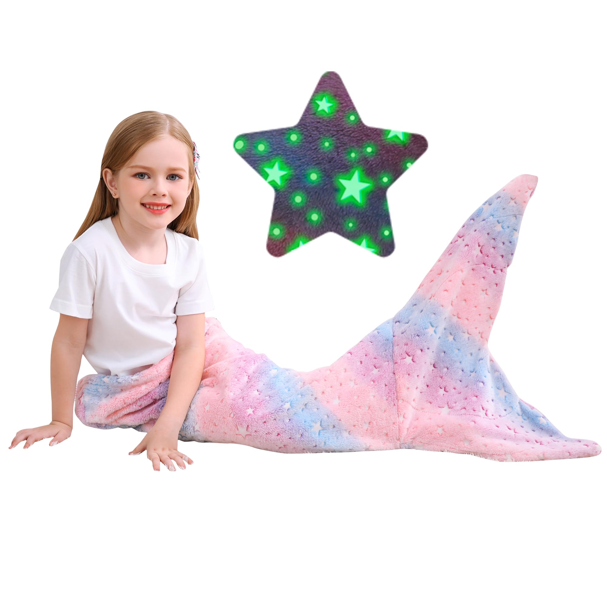 Softan Kids Mermaid Tail Blanket,Glow in The Dark Blanket for Girls, Soft Flannel Fleece Toddler Mermaid Blanket with Glitering Stars and Rainbow Ombre Fish Scale Design - 17" x 39"