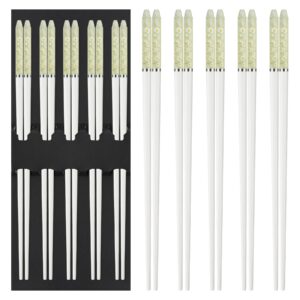 5 pairs chopsticks-reusable chopsticks dishwasher safe, 9.6 inch/24.3cm matte non-slip fiberglass chop sticks, chinese/japanese korean chop stick gift, daisy green