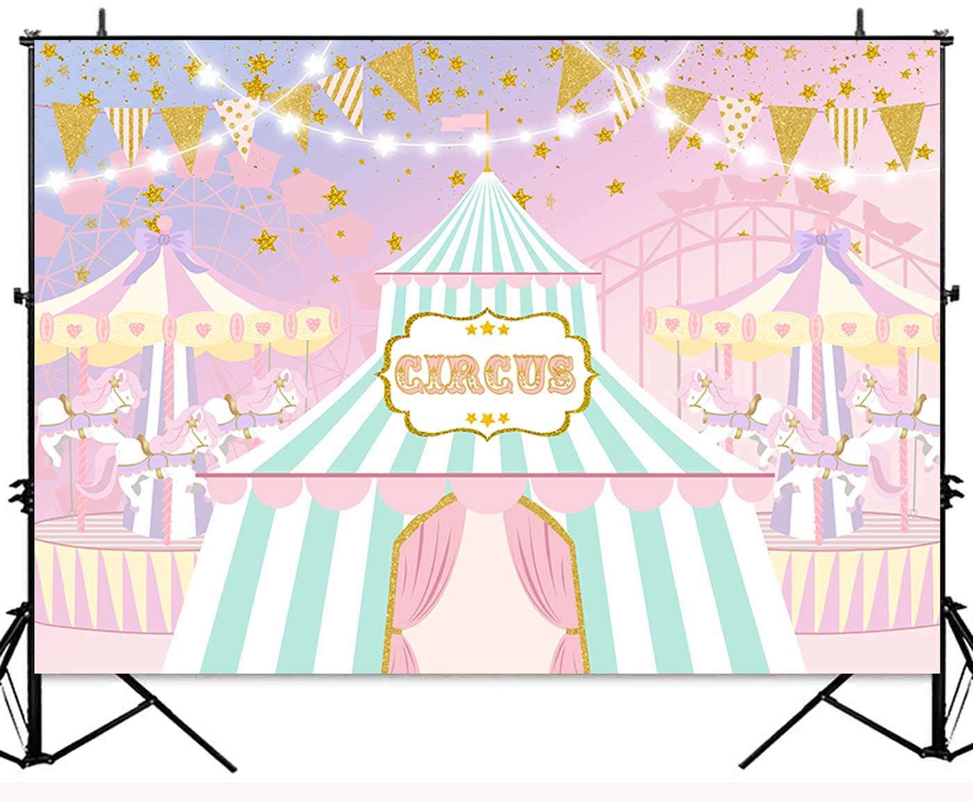 Ayayiya Pink Circus Backdrop for Girl Pastel Carnival Carousel Birthday Party Decorations Big Top Tent Ferris Wheel Photography Background Sweet Baby Shower Cake Table Banner Photo Booth Props 7x5ft