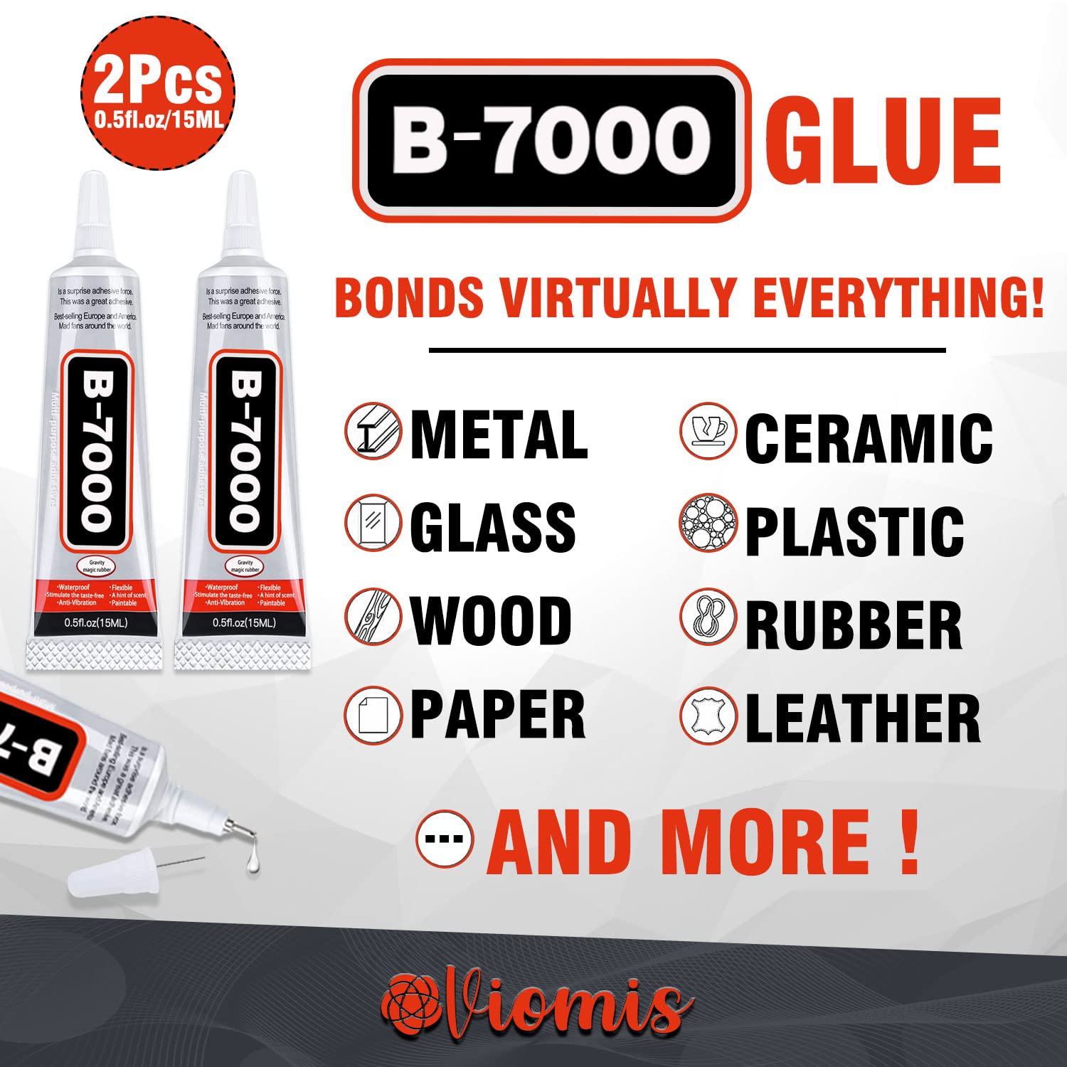 Viomis B7000 Glue 2PCS 15ml/0.5oz, Clear Craft Glue for Jewelry, B7000 Adhesive for Rhinestone Bead, Super Glue with Precision Tips for Cloth Shoe Fabric Cell Phone Screen Repair Metal Stone Nail Art