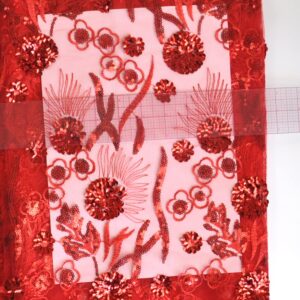 SanVera17 African Fabric 3D Sequins Net Fabrics Nigerian Embroidered Lace Fabric for Party Dress (Red) 5 Yards