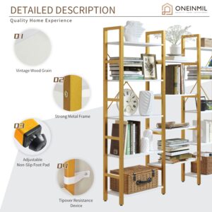 oneinmil Industrial Bookshelves 5 Tiers Corner Bookcases,Large Book Shelf with Metal Frame Open Storage Corner Cabinet for Living Room Home Office,Golden