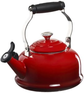 le creuset enamel on steel whistling tea kettle with metal finishes, 1.7 qt., cerise