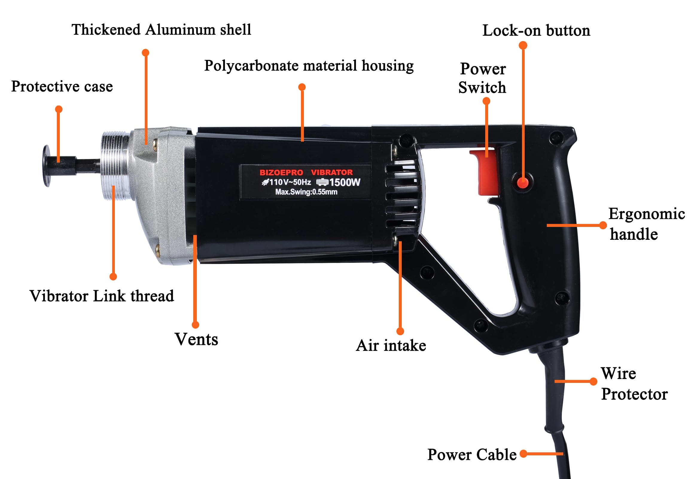 BIZOEPRO Hand Held Power Concrete Vibrator 1500W 13000rpm With 2.5M(8-1/5feet) Shaft Rod Electric Concrete Vibrabrater Portable Construction Pencil Vibrator