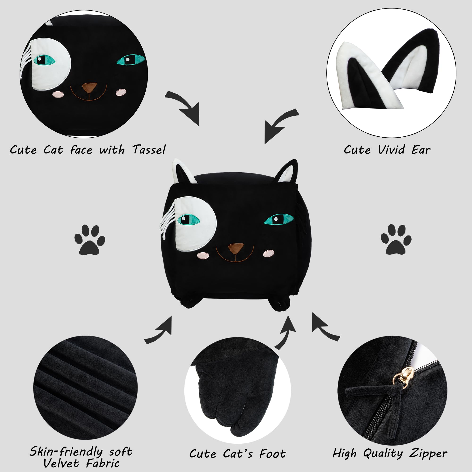 Black Cat Bean Bag Chairs for Teens, Playroom Furniture, Comfortable Seating for Kids, Large Size 22x24 Inch Velvet Extra Soft, Cover ONLY